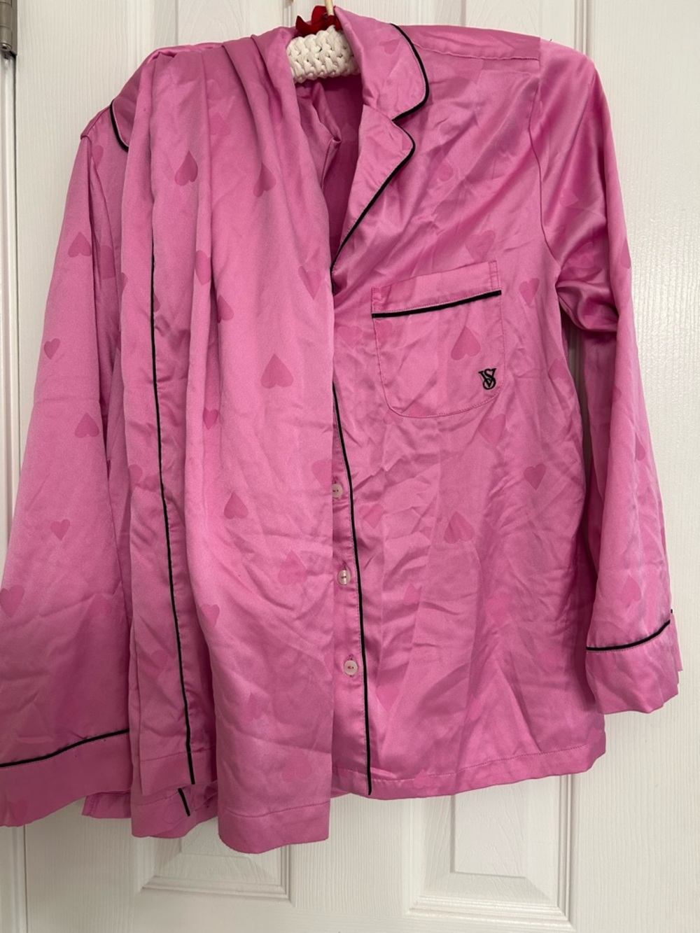 Victoria's Secret Pink Heart Print Satin Pajama Set with Black Piping